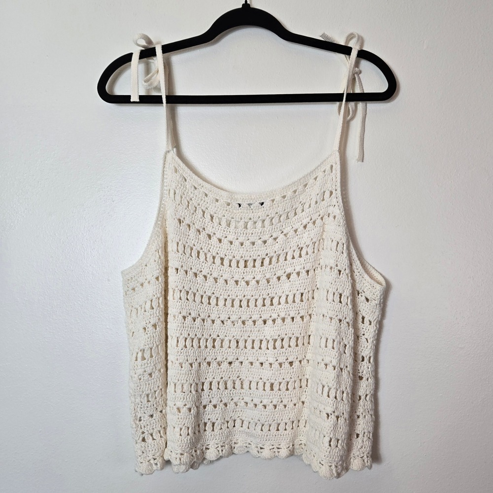 American Eagle Crochet Button Front Cami Tank Top Cream Ivory XL Tie Strap Boho - Picture 3 of 8